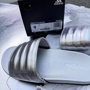 NIB Adidas UNISEX SILVER Metallic ADILETTE SLIDES 9W / or 8-10M NEW